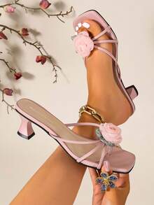 French Rose Slip-On Sandals, Square Toe Thick Heel Open Toe Sandals For Women, Summer - Pink - View 5