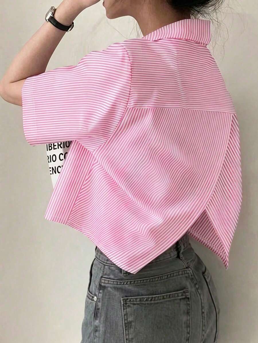 女款不對稱交叉鈕扣休閒條紋短袖襯衫 夏季 - 多色2 - View 1