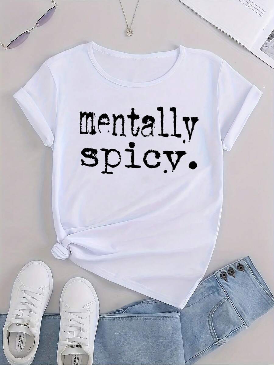 Una camiseta Y2K para mujer, elegante y con estilo, de cuello redondo, suave y cómoda, con un diseño de logo impreso 'Mentally Spicy'. Esta camiseta casual es ideal para usar a diario en todas las estaciones, y es lavable a máquina.[COD] - Blanco - Ver 1