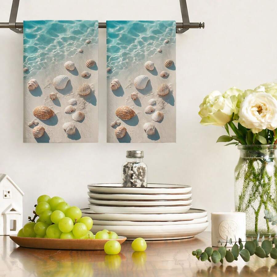 1pc/2pcs/4pcs Coastal Beach Print Towel, Super Soft Quick Dry Absorbent Towel, Realistic Seashell & Ocean Water Pattern, Machine Washable, For Kitchen & Bathroom Decor - Multicolor - View 1