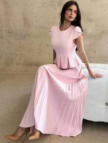 Conjunto elegante de 2 piezas con camisa de mangas cubiertas y dobladillo plisado y minifalda plisada de unicolor para mujer - Rosa vieja - Ver 6