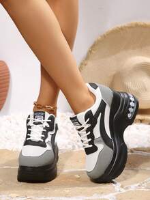 Women's Platform Sneakers, Color Block, Lightweight Breathable Mesh, Lace-Up Casual Shoes, Suitable For Spring And Autumn - Grey - View 4