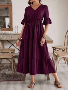 Vestido de mujer de unicolor con mangas con volantes, estilo casual para vacaciones - Morado - Ver 5
