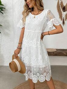 Vestido informal hasta la pantorrilla con encaje para vacaciones, diseño calado en forma de pastel para mujeres - Amarillo - Ver 10