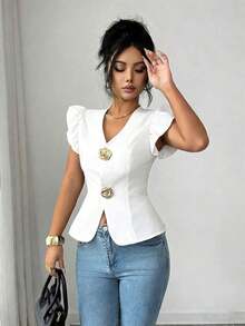 Elenzya Cárdigan de mujer elegante con decoración de hebilla metálica de unicolor y mangas abullonadas, blusa refinada de mujer - Blanco - Ver 5