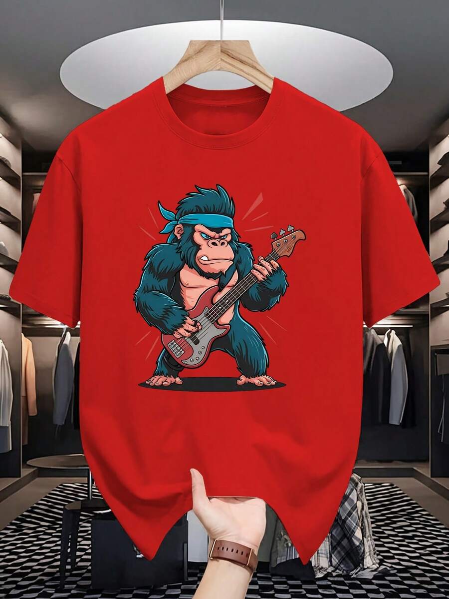1006 Camisetas de manga corta de verano para hombre con estampado de orangután tocando la guitarra, camisetas de moda y estampadas para hombre, camisetas casuales versátiles de cuello redondo para adolescentes masculinos de primavera y verano. - Rojo - Ver 1