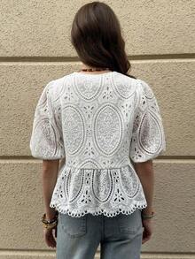 Blusa elegante con mangas abullonadas, lazo delantero y bordado, ideal para vacaciones o San Valentín - Blanco - Ver 2