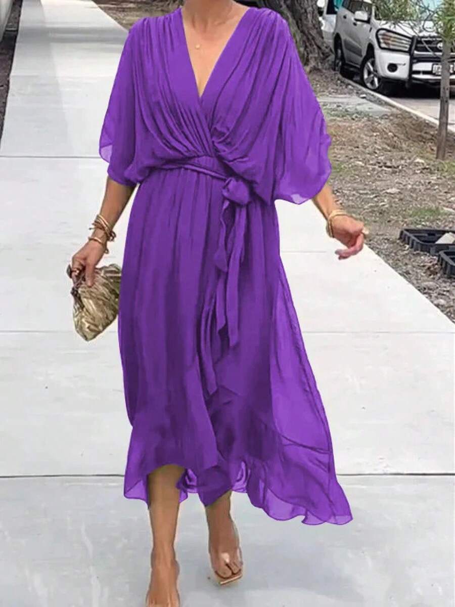 Nuevo vestido largo de color sólido con cordones, estilo europeo y americano, con mangas de murciélago y bajo irregular, ropa de talla grande para mujer. - Morado - Ver 1