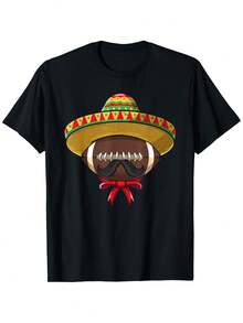 Camiseta temática del Festival del 5 de Mayo con diseño de sombrero de ala ancha de fútbol mexicano - 100% algodón puro, tejido de secado rápido y que absorbe la humedad, estilo casual de manga corta, decorada con estampados de caléndula en acuarela y sombrero de ala ancha, disponible en tallas S-XXXL (negro), adecuada para atuendos de fiesta de festival, ropa de estilo mexicano. - Negro - Ver 1