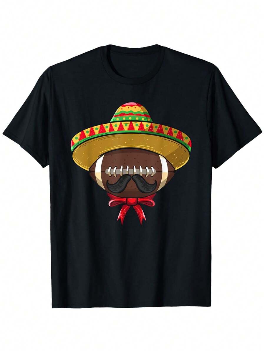 Camiseta temática del Festival del 5 de Mayo con diseño de sombrero de ala ancha de fútbol mexicano - 100% algodón puro, tejido de secado rápido y que absorbe la humedad, estilo casual de manga corta, decorada con estampados de caléndula en acuarela y sombrero de ala ancha, disponible en tallas S-XXXL (negro), adecuada para atuendos de fiesta de festival, ropa de estilo mexicano. - Negro - Ver 1