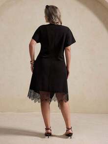 Elegantrix Vestido de manga corta con dobladillo asimétrico, entredós y parches de encaje, elegante y de talla grande para primavera/verano - Negro - Ver 2