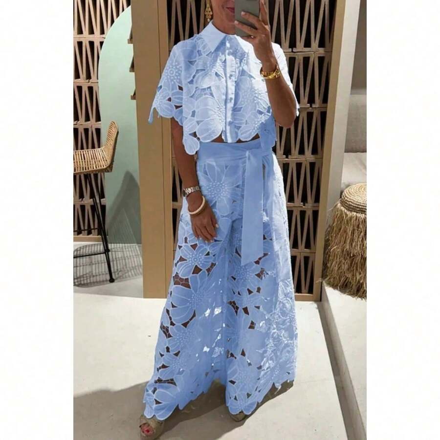 Conjunto Casual para Mujer Nueva Temporada Verano, Blusa Encaje Calado + Pantalones Largos - Azul - Ver 1