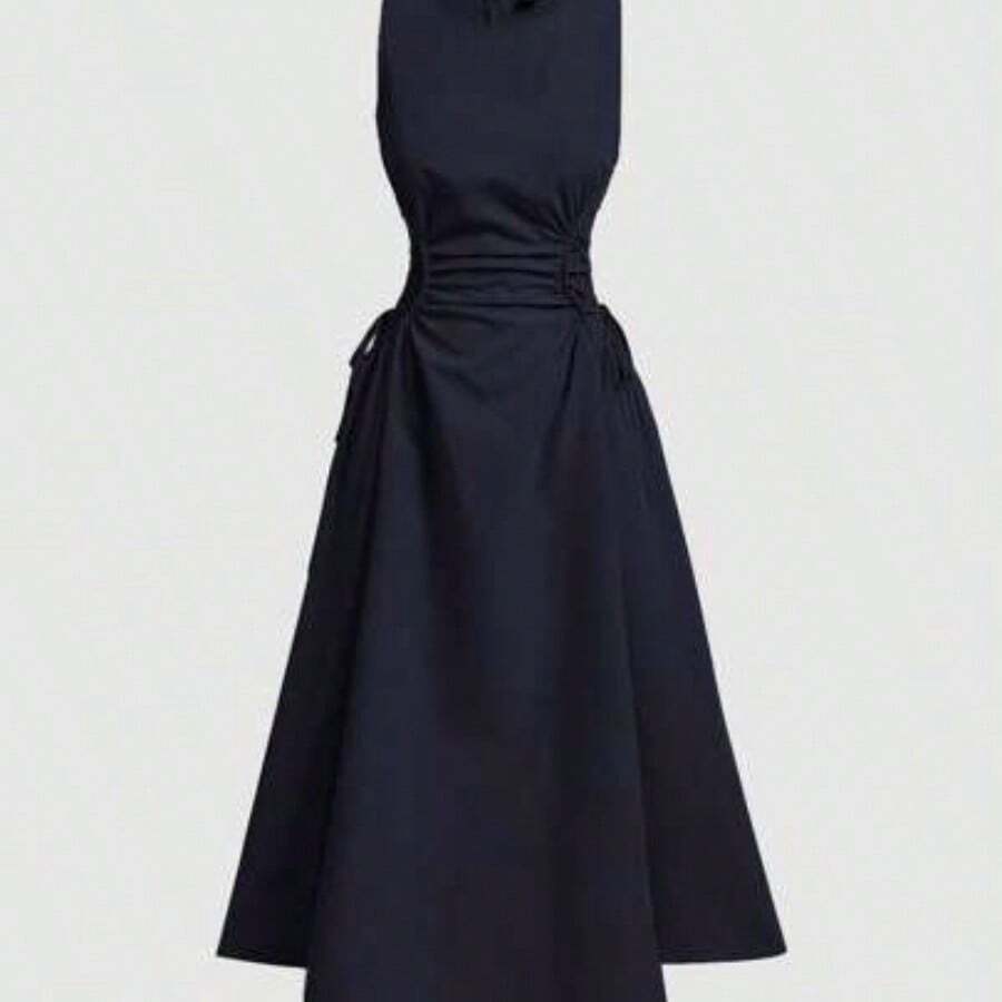 guang zhou mi qian shang mao MOD Vestido largo plisado de un solo color con detalle de cruce lateral, apropiado para citas, brunch, cumpleaños, regreso a la escuela, trabajo, verano, y fiestas del té para mujeres - Azul marino - Ver 1
