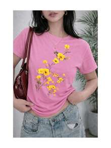 Camiseta de mujer amarilla con estampado floral minimalista, suave al tacto, manga corta, cuello redondo, ideal para primavera, verano, casual, diaria y cómoda - Rosa - Ver 4