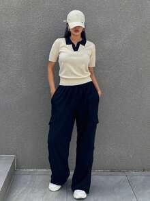 Blusa casual de punto de manga corta con cuello de contraste de color para mujer en verano - Beis 2 - Ver 8