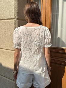 Blusa verde con cuello de ojo de cerradura y manga abullonada, blusas de manga corta - Blanco - Ver 2