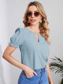 Blusa verde con cuello de ojo de cerradura y manga abullonada, blusas de manga corta - Azul - Ver 4
