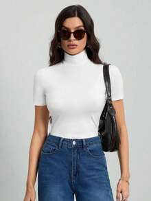 Tall Camiseta básica de unicolor negro de cuello alto con mangas cortas para mujer - Blanco - Ver 1