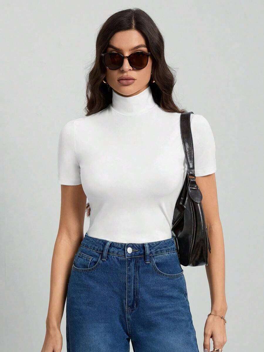 Tall Camiseta básica de unicolor negro de cuello alto con mangas cortas para mujer - Blanco - Ver 1