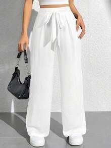 PETITE Pantalones anchos largos para mujeres, en unicolor, cintura alta con cinturón para un estilo suelto - Blanco - Ver 1