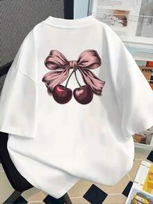 Camiseta con estampado de cereza con lazo, estilo vintage, manga corta, cuello redondo, top casual para verano y primavera, ropa de mujer - Blanco - Ver 1