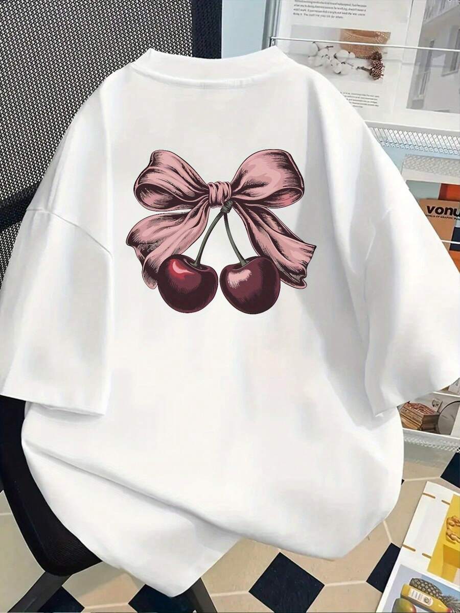 Camiseta con estampado de cereza con lazo, estilo vintage, manga corta, cuello redondo, top casual para verano y primavera, ropa de mujer - Blanco - Ver 1
