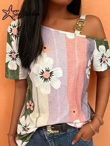 New Fashion Contrast Color Floral Print Off Shoulder Blouse For Women Vacation Summer - Green - View 2