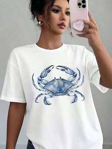 1 Piece Of Women's Casual T-Shirt With Blue Crab Print, Soft And Comfortable, Gift For Birthday, Christmas, Holidays, 180g, 100% Cotton. - 白色 - 查看 6