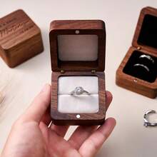 MerexSync 1pc Customized Carved Walnut Wood Double Ring Box, Vintage Wedding Engagement Ring Tray, Personalized Couple Anniversary Gift - Square Walnut Ring Box - View 5