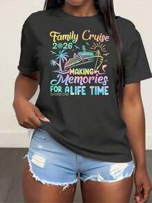 Camiseta de Cuello Redondo para Mujer con Estampado de Crucero Familiar para Vacaciones de Verano 2026, Camiseta de Moda para Mujer, Top Cómodo de Cuello Redondo, Camisetas Suaves y Adorables, Camiseta de Algodón - Negro - Ver 12