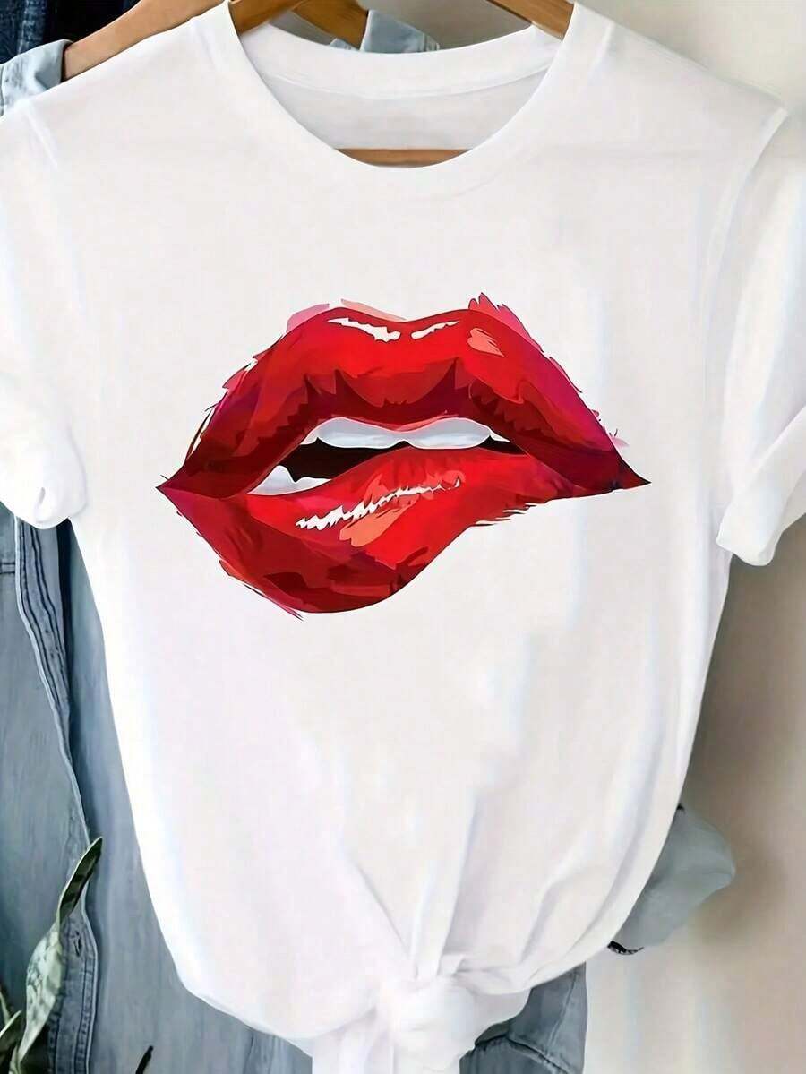Camia de manga corta blanca con cuello redondo, diseño de estampado de labios rojo brillante, sencilla pero sexy, novedad de verano, transpirable y cómoda. - Blanco - Ver 1