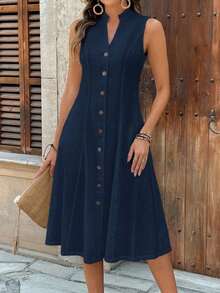 Vestido casual de verano para mujer con escote en pico, manga corta y estampado geométrico - Azul marino - Ver 5