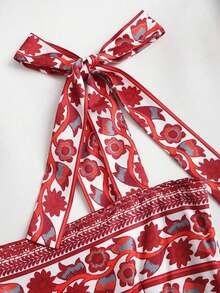 Vestido vintage de mujer con cintura anudada y estampado floral diminuto, de peso ligero y lujoso, sin mangas, rojo, ajustado, sexy, adecuado para vacaciones de verano y fiestas - Rojo - Ver 3