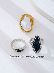 3 Pcs Imitation Baroque Pearl Ring Set For Women, Gold & Silver Plated Stackable Statement Rings With Fresh Water Pearl Dangling, Minimalist Basic Design Jewelry For Daily And Party Wear - Multicolor - View 3