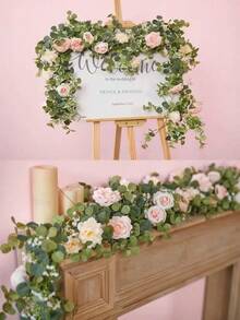 1pc 5.9FT Artificial Eucalyptus Vine Fake Rose Flowers Gypsophila Garland For Wedding Home Party Craft Art Table Runner Decor - Pink - 查看 4