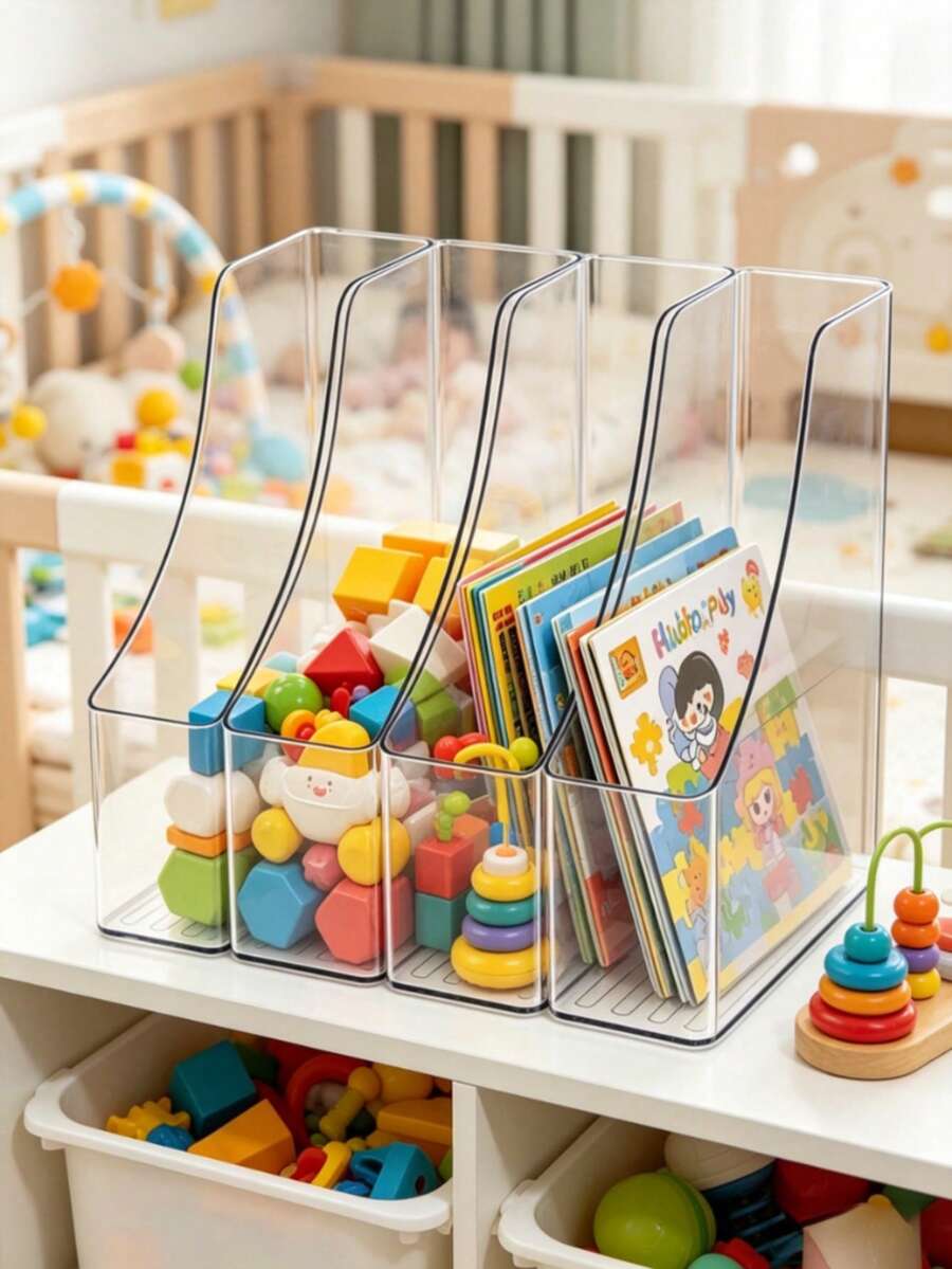 1/4pcs Clear Acrylic Kids Book File Organizer, Desktop Magazine Storage Holder, Nursery Desk Rack For Baby Picture Books Building Blocks Toys - Multicolor - View 1