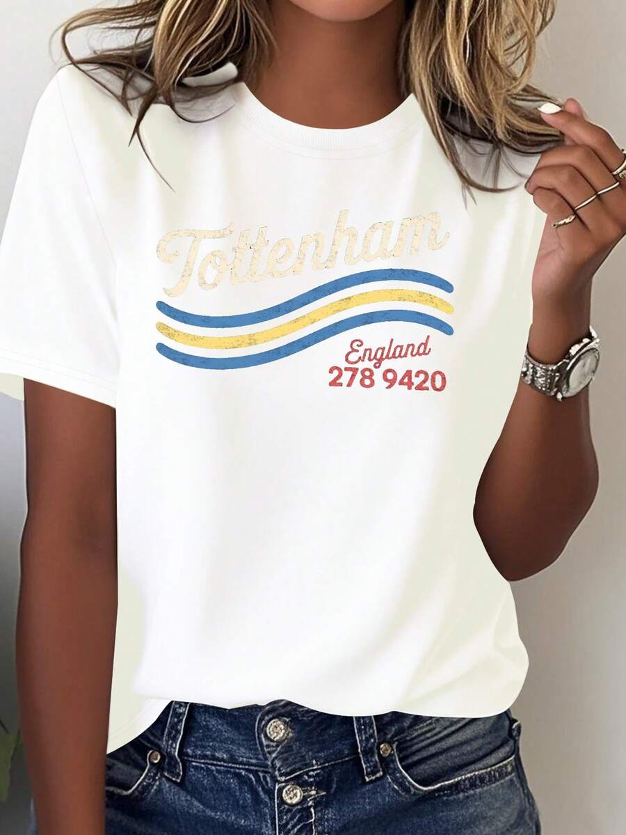 Women's Retro Tottenham Hotspur England T-Shirt - Purely Casual Style, Featuring The Iconic Tottenham Wave Design, Offering Comfort For Everyday Wear And Brand Recognition, Machine Washable - Slim-Fit Casual Blouse For Women. - 白色 - 查看 1