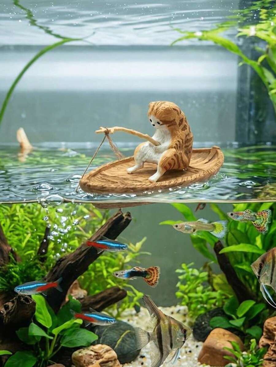 创意可爱猫咪钓鱼船水族箱装饰,高品质树脂水族箱造景配件,海洋主题微景观DIY材料,逼真细节桌面摆件 - 坐船釣魚裝飾品 - 查看 1