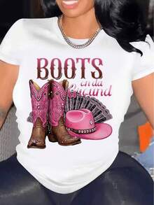 Women's Western Cowboy Style T-Shirt - Vintage Design Featuring Cowboy Boots And Hat, Rhinestone Lettering, And The Slogan "On The Ground" On The Boot. This Machine-Washable Crew Neck T-Shirt Is Suitable For Casual Outdoor Wear And Is Suitable For All Seasons. Korean Style, Loose-Fitting Short Sleeves. - 白色 - 查看 12