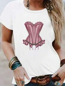 Plus Size - Extra Large Size - Women's T-Shirt, Made Of Pure Cotton, Lightweight And Breathable Fabric, Round Neck Design, Printed Design, Short Sleeve Cut, Suitable For Spring And Summer. - 白色 - 查看 1