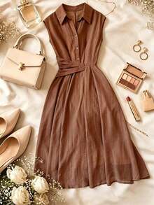 Minimalist Solid Color Shirt Dress For Women - Brown - View 3