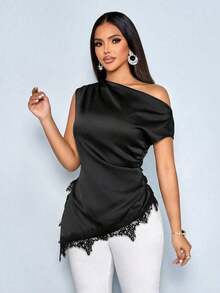 Blusa de satén negra de moda con cuello asimétrico elegante, recorte de encaje negro, bajo asimétrico fruncido, para looks de verano casuales de mujer - Negro - Ver 5