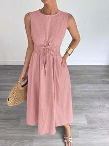 Women's Sleeveless A-Line Maxi Dress In Linen And Cotton, Spring And Summer - Army Green - View 3