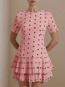 Versatile Casual Dress For Women With Round Neck, Fitted Waist, Short Sleeves, Black And White Polka Dot Print, Layered Ruffle Hem And Matching Silhouette - 粉色 - 查看 5