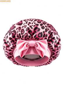 1pc Satin Bow Tie Sleeping Cap, Solid Color Elastic, Lightweight & Breathable, Suitable For Women & Girls, Black Leopard Print - Pink - View 1