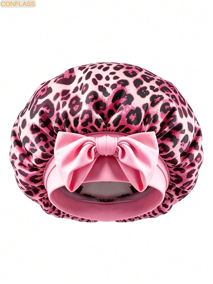 1pc Satin Bow Tie Sleeping Cap, Solid Color Elastic, Lightweight & Breathable, Suitable For Women & Girls, Black Leopard Print - Pink - View 1