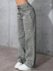 Quần jeans nữ màu xám kiểu dáng thường ngày, có đai, đính sequin bạc lấp lánh, phong cách thời trang đường phố Y2K, phù hợp cho các bữa tiệc, tụ họp, lễ hội âm nhạc. - Xám - Xem 6