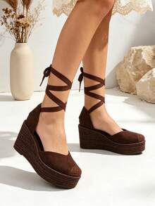 Sandali espadrillas da donna in stile bohémien con zeppa in juta e cinturini, comodi, ideali per le vacanze e il tempo libero, perfetti per il lavoro e l'estate, intrecciati con corda spessa e plateau - Castano - Visualizzare 4