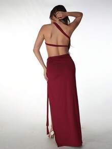 Conjunto de 2 piezas de top de hombro oblicuo y falda de unicolor minimalista, elegante para el verano - Burdeos - Ver 9