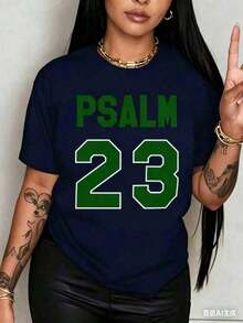 Tops de Verano para Mujer - Camiseta Transpirable con Estampado de Versículo Bíblico del Salmo 23, Ligera, de Cuello Redondo y Manga Corta, Blanca con Texto Verde, Ropa Casual para el Hogar - Top de Verano Lavable (Tallas de EE. UU.) Ropa de Mujer a la Moda, Holgada y Cómoda para el Verano - Azul Marino - Ver 3